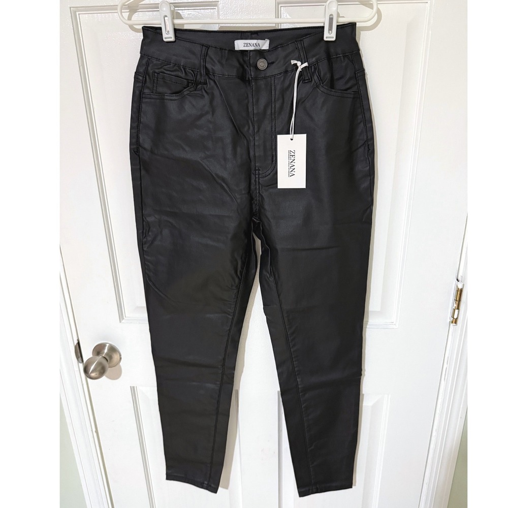 Zenana Black Coated Skinny Pants High Waisted Faux Leather Look XL NEW PP-9507A